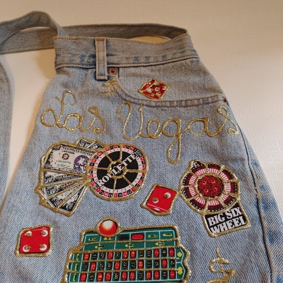 LUCKY LAS VEGAS BLING PATCH PURSE GLITTER GEL PAINT LEVIS JEANS PURSE - Picture 4 of 6